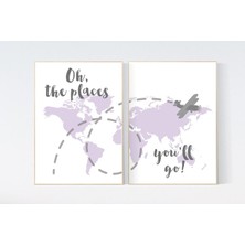 Ninastore Mor Dünya Haritası Kreş Dekoru: Seyahat Temalı Sanat Baskısı
