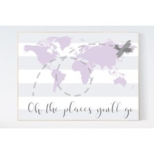 Ninastore Mor Dünya Haritası Kreş Dekoru: Seyahat Temalı Sanat Baskısı