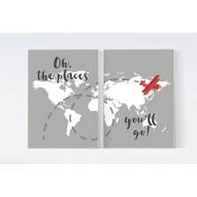 Ninastore Dünya Haritası Kreş Sanatı: Gri Seyahat Temalı Poster