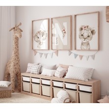 Ninastore Safari Hayvan Kreş Baskıları: Çiçekli Fil, Aslan, Zürafa Dekoru