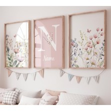 Ninastore Kişiselleştirilmiş Pembe Çiçekli Çocuk Odası Sanat Seti: Suluboya Kır Çiçeği Baskıları