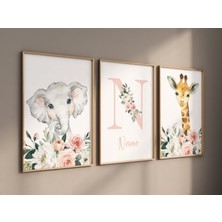 Ninastore Safari Hayvan Kreş Baskıları: Çiçekli Fil, Zürafa ve Ilk Harf Duvar Sanatı