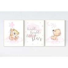Ninastore Teddy Bear Bebek Odası Baskısı: Pembe Yıldız, Ay, Parıldayan Dekor