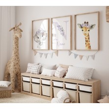 Ninastore Çiçekli Safari Hayvanlı Kreş Baskıları: Mor Fil, Zürafa