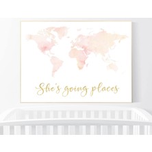 Ninastore Suluboya Dünya Haritası Baskısı: Allık Mercan Kreş Dekoru