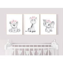 Ninastore Çiçekli Orman Hayvanı Kreş Baskıları: Fil, Zürafa, Ayı