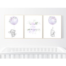 Ninastore Fil Bebek Odası Baskısı: Mor Çiçekli Bebek Odası Duvar Sanatı