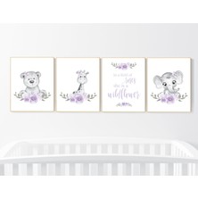 Ninastore Bohem Çiçekli Bebek Odası Desenleri: Fil, Ayı, Zürafa Duvar Sanatı