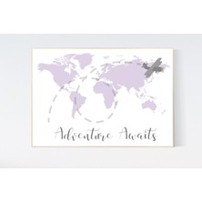 Ninastore Mor Dünya Haritası Kreş Baskısı: Macera Bekliyor, Seyahat Dekoru
