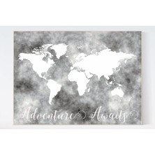 Ninastore Gri Suluboya Dünya Haritası Baskısı: Kreş ve Çocuk Odası Dekoru