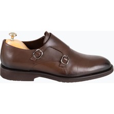 Erkek Klasik Ayakkabı Çift Tokalı Hakiki Deri Eva Taban Kahverengi