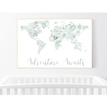 Ninastore Çiçekli Dünya Haritası Kreş Baskısı: Nane Yeşili Seyahat Sanatı