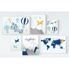 Ninastore Macera Çocuk Odası Dekoru: Uçak, Dünya Haritası, Dağlar Sanat Baskıları