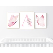 Ninastore Kelebek Çocuk Odası Sanat Baskıları: Pembe Suluboya Dekoru, 3'lü Set