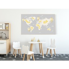 Ninastore Dünya Haritası Kreş Baskısı: Sarı ve Gri, Sıcak Hava Balonu Seyahat Teması