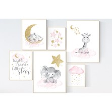 Ninastore Kız Çocuk Odası Duvar Sanatı, Zürafa Çocuk Odası, Kız Bebek Odası Dekoru Altın ve Pembe, Parıldayan Küçük Yıldız, Ay ve Yıldızlar, Fil Çocuk Odası