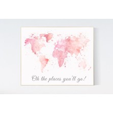 Ninastore Pembe Suluboya Dünya Haritası Baskısı: Bebek Kız Odası Dekoru