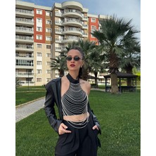 Taşlı Drape Detaylı Siyah Büstiyer