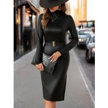 Arben Boutique Kadın Uzun Kollu Balıkçı Yaka Kemerli Midi Sıvama Deri Elbise