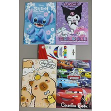 Ada Çanta Kırtasiye 4 Adet Stickerli Boyama Kitabı ve 12 Li Kuru Boya Kalemi (Stitch(M)/kuromi/arabalar/capybara) AD1223