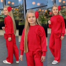 Kokoş Bebe Gül Detaylı Kız Çocuk Triko Takım - 3 Parça – Üst + Pantolon + Saç Aksesuarı - 3/12 Yaş - 31581