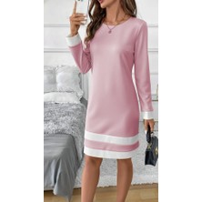 Gökyüzü Moda Kadın Uzun Kollu Yuvarlak Yaka Etek Ucu Şerit Detaylı Mini Dalgıç Elbise