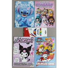 Ada Çanta Kırtasiye 4 Adet Stickerli Boyama Kitabı ve 12 Li Kuru Boya Kalemi (Stitch(M)/crybaby/kuromif/pawpatrol)
