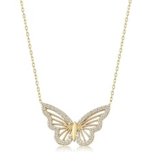 Sinerjim Altın Renk Kolye Zirkon Taşlı Kelebek Bayan Çelik Kolye 1054