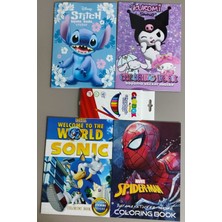 Ada Çanta Kırtasiye 4 Adet Stickerli Boyama Kitabı ve 12 Li Kuru Boya Kalemi (Stitch(M)/kuromi/sonic/örümcek Ad.)