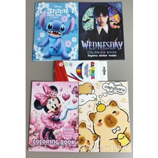 Ada Çanta Kırtasiye 4 Adet Stickerli Boyama Kitabı ve 12 Li Kuru Boya Kalemi (Stitch(M)/wednesday/minnie/capybara)