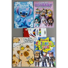 Ada Çanta Kırtasiye 4 Adet Stickerli Boyama Kitabı ve 12 Li Kuru Boya Kalemi (Stitch(M)/crybaby/capybara/roblox)
