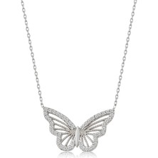 Sinerjim Gümüş Renk Kolye Zirkon Taşlı Kelebek Bayan Çelik Kolye -1053