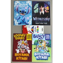 Ada Çanta Kırtasiye 4 Adet Stickerli Boyama Kitabı ve 12 Li Kuru Boya Kalemi (Stitch(M)/wednesday/bluey/looney Tunes)
