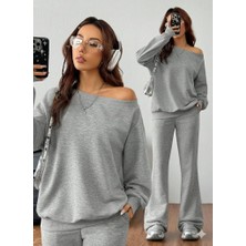 Melen Moda Kadın Uzun Kollu Tek Omuzdan Açık Iki Iplik Bluz ve Pantolon Ikili Takım