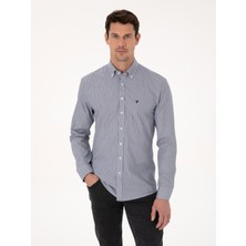 Cacharel Erkek Lacivert Slim Fit %100 Pamuk Yakası Düğmeli Çizgili Oxford Gömlek 50317994-VR033