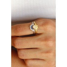 İthal Seri 2'li Kombinlenebilir Zirkon Taşlı Güneş Ay Tasarım Ayarlanabilir Kadın Arkadaş Yüzüğü