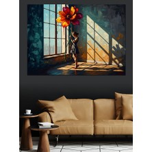 Karizma Tablo Pencere Önünde Büyük Çiçek Tutan Kadın Dekoratif Kanvas - Mdf Ahşap Tablo