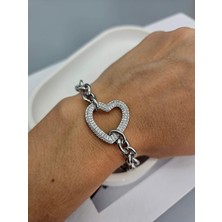 Duru Aksesuar Çelik Gümüş Renk Zirkon Taşlı Kalp Model Bileklik