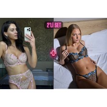 Vellora Mavi Çiçek Desenli Sütyen Balenli Tanga+Pembe Çiçek Desenli 3'lü Jartiyer Takımı Bralet ve Tanga Set