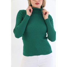 Pinpery Kadın Zümrüt Fitilli Triko Boğazlı Balıkçı Yaka Kazak %100 Pamuk Triko