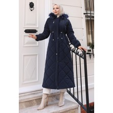 Moda Mihram Fermuarlı Kapşonlu Kapitone Mont Kadın Lacivert 19277 Uzun Kol Klasik Stil Özellikli