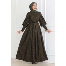 Kemerli Puantiyeli Elbise Haki 6120