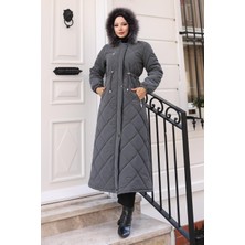 Fermuarlı Kapşonlu Kapitone Mont Gri 19277