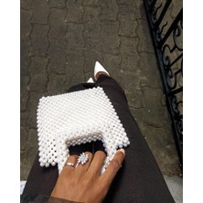 Ravinity Krem Inci Çanta, Dikdörtgen Saplı El Çantası