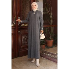 Moda Mihram Düğme Detaylı Triko Elbise Gri 6153