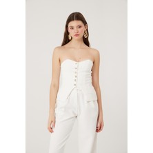 Holly Lolly Düğmeli Straplez Kesim Harvey Bluz Beyaz