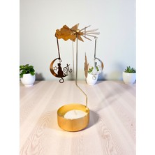 Hediye Fikri Altın Renkli Dönen Metal Mumluk Mutlu Kedi Tasarımlı Isı ile Dönen Dilek Çanı