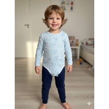Şimo Butik Kız Erkek Çocuk Bebek Uzun Kollu Çıtçıtlı Body-Badi %100 Organik Pamuk 3.5-4-5-6 Yaş Kare Kafa Ayı Mavi