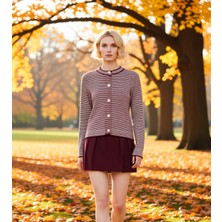 Benerly Kadin Kirmizi Cizgili Bisiklet Yaka Crop Triko Hırka Fonksiyonel Dayanıklı Kaliteli Modern