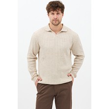 Tarz Cool Erkek Bej Uzun Kollu Polo Yaka Slim Fit Triko Kazak Casual Stil